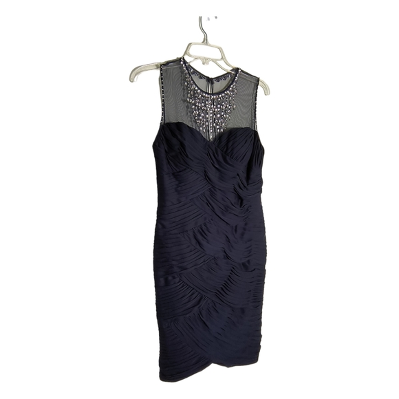 Adrianna Papell Navy Blue Sleeveless Embellished Mesh Ruched bodycon dress SZ 8 - Picture 4 of 15